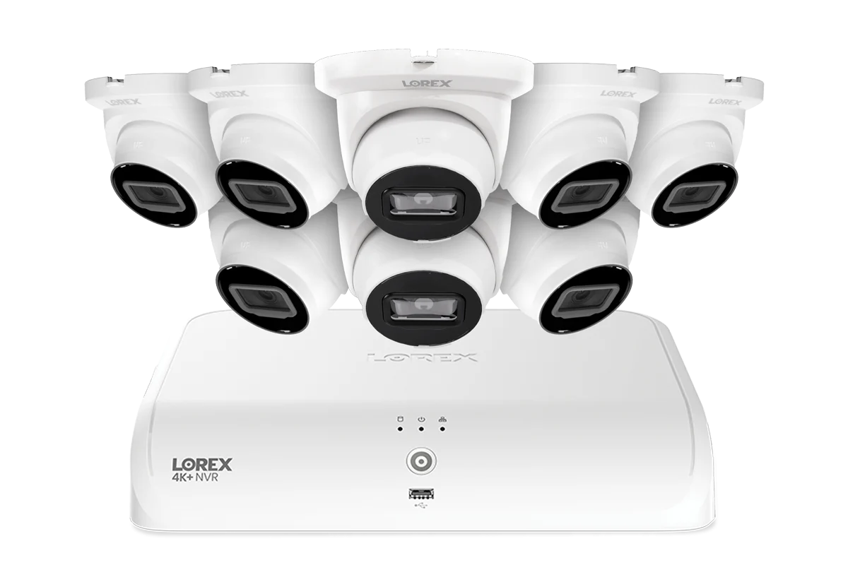 Lorex Fusion NVR with Eight A4 4MP (2K) IP Turret Cameras - 4K 16-Channel (8 Wired + 8 Wi-Fi Fusion) 2TB Wired System
